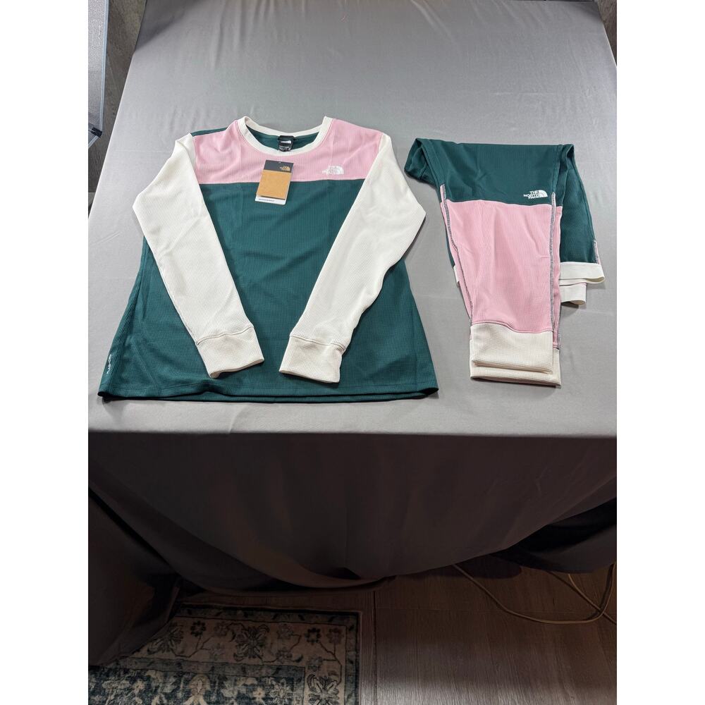 The North Face Waffle Base Layer Set XXL Pink Green Thermal Top Leggings NWT